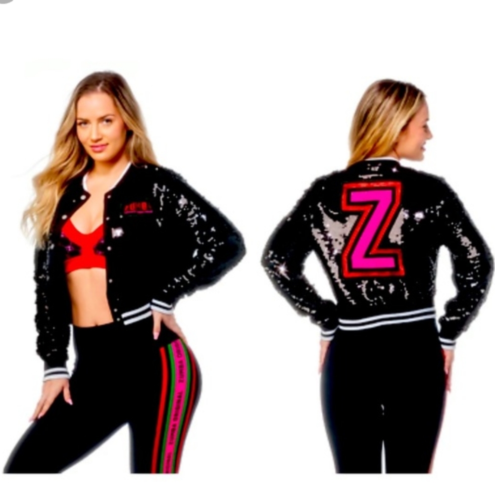Zumba Z Cropped Bomber Jacket Sequins size Small Spicy Black NWT New with Tags